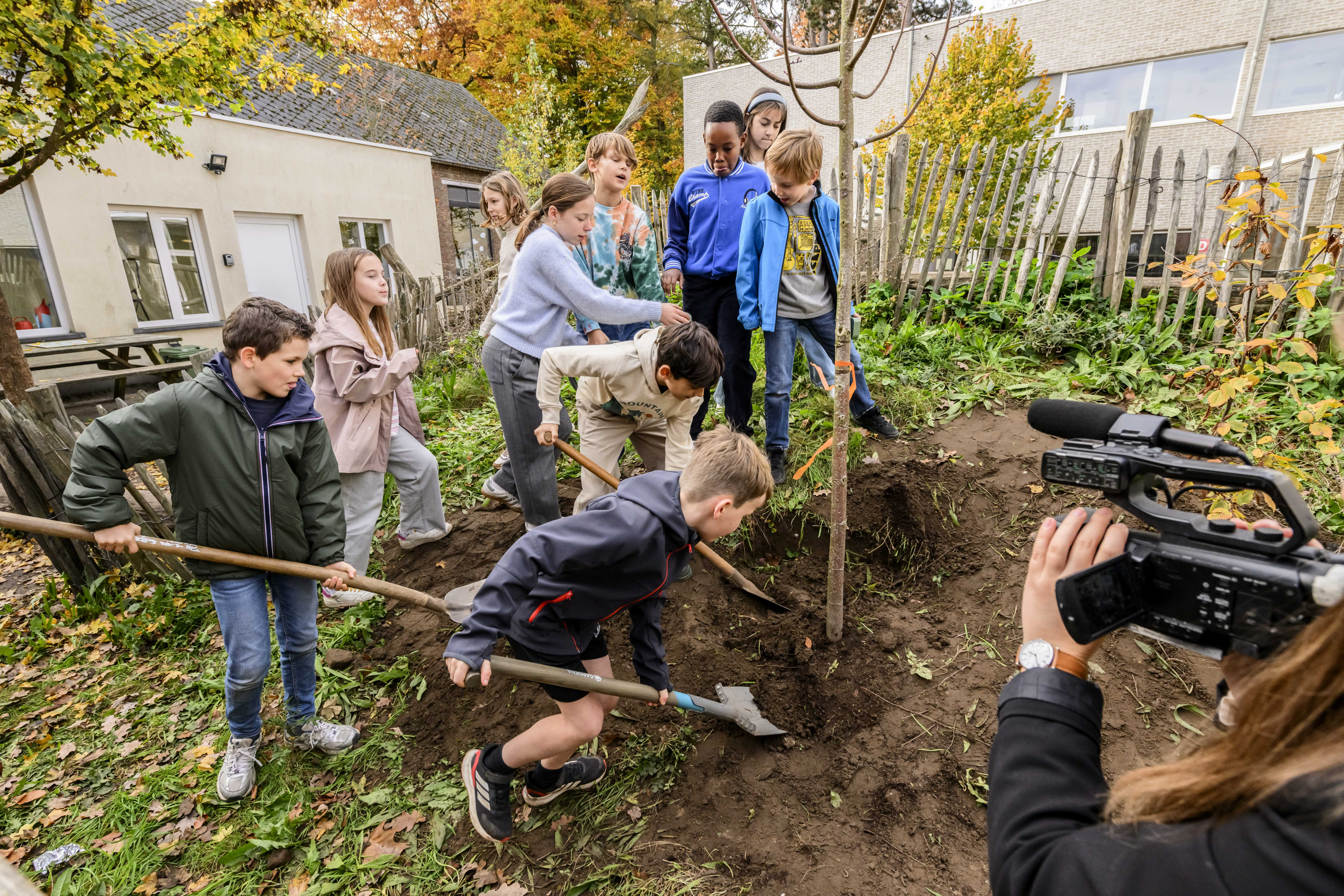 kinderen planten een boom