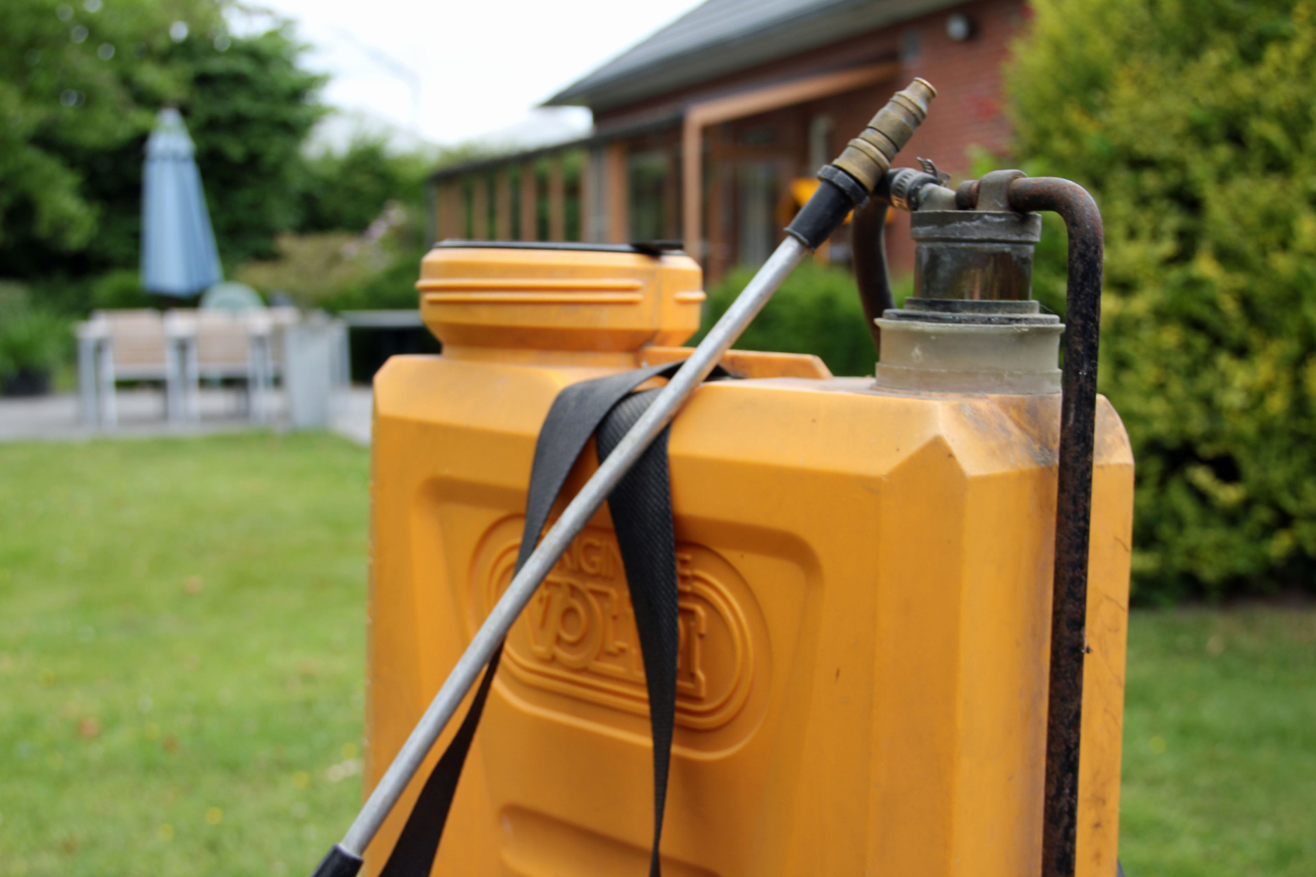rugspuit met tuin op de achtergrond